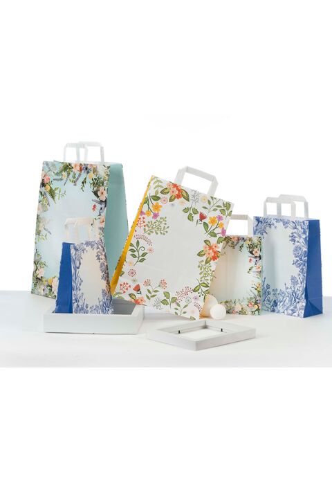 shopper in carta fantasia fiori con maniglie piatte