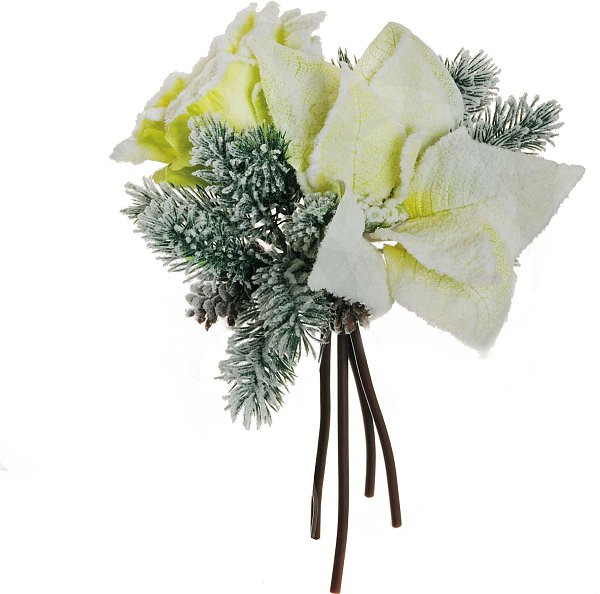 Mazzo innevato Rose e Poinsettia bianco