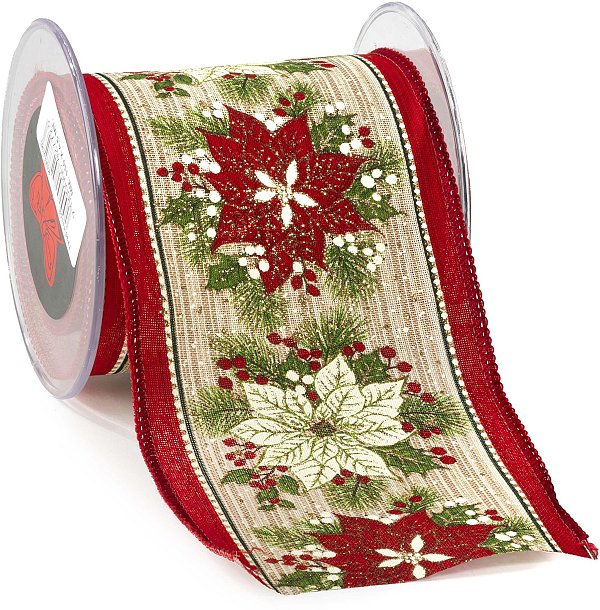 Nastro Tessuto Animato Stelle di Natale Rosse e Avorio