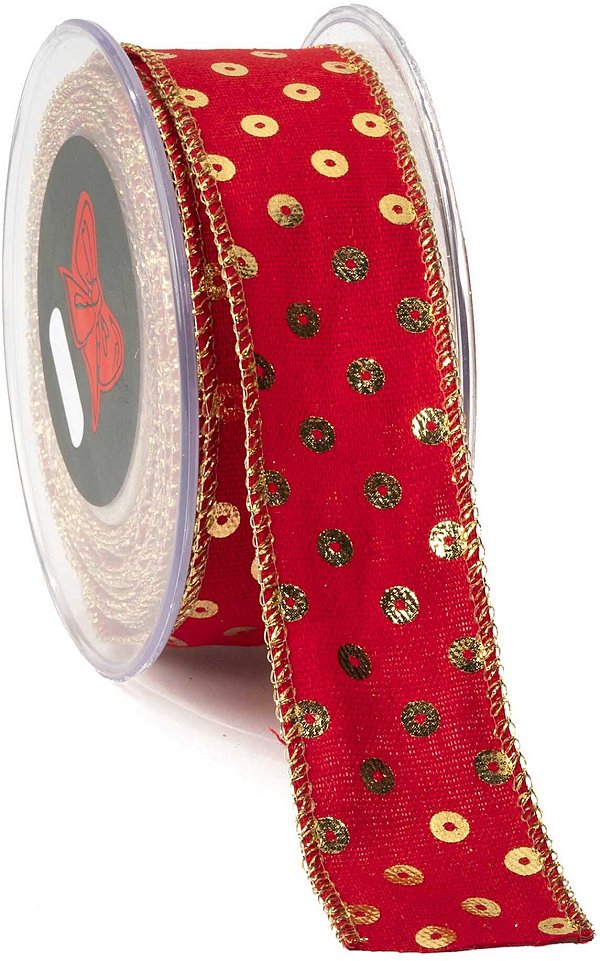 Nastro Tessuto Animato Polycotton Foil Rings Rosso/Oro