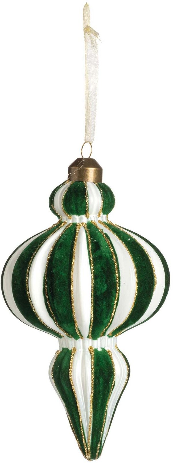 Sfera Puntale in Vetro e Velluto Verde/Bianco con Glitter
