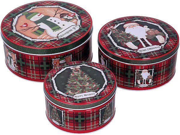Set Scatole in Metallo Tonde Scozzesi Rosse con Disegni Assortiti