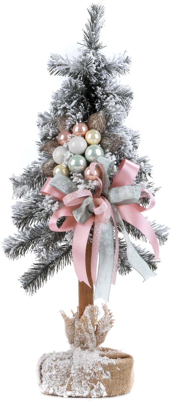 Alberello Innevato Decorato con Pigne, Sfere e Nastri Rosa/Verde