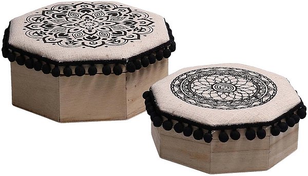 Set Scatole in Legno Indios Ottagonale con Pompon