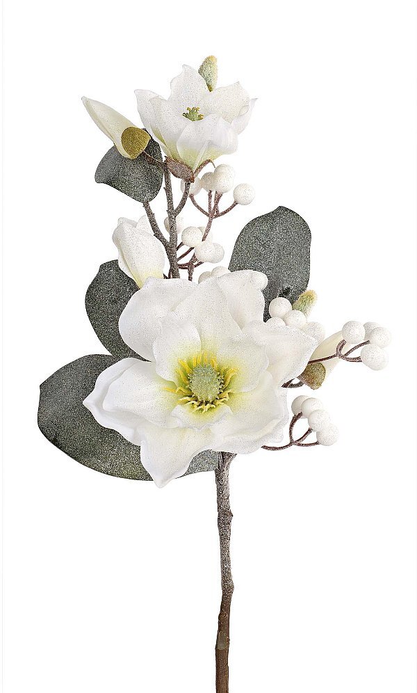 Rami di Magnolia Bianca con Glitter, Bocci e Foglie