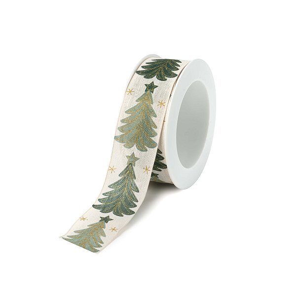Nastro in Tessuto Panna con Pini Verdi/Oro e Glitter