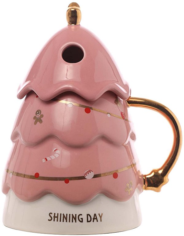 Tazza/Contenitore in Ceramica Alberello Rosa con Manico e Coperchio