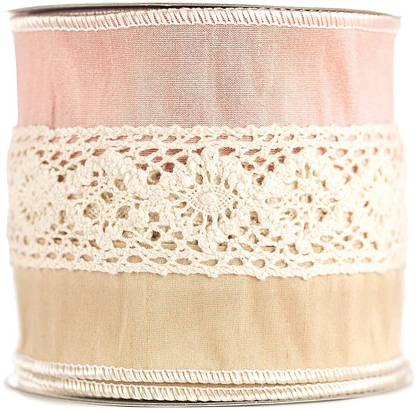 Bobina in tessuto animato beige/rosa con fascia di pizzo