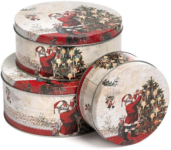 Set Scatole in Metallo Tonde Santa Claus e Albero