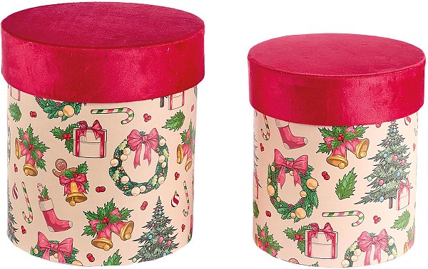 Set Scatole in Cartone Avana cilindro con Coperchio in Velluto Rosso
