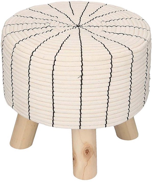 Pouf in Legno e Tessuto Bianco con Filo Nero
