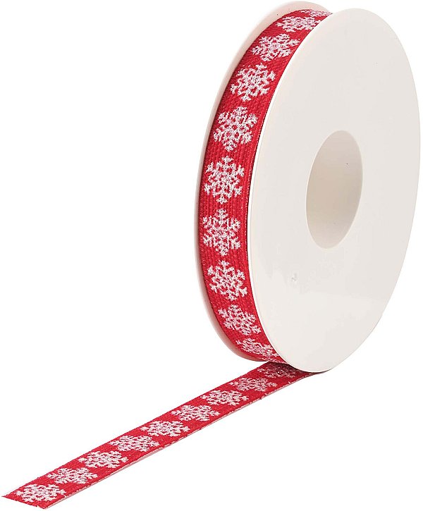 Nastro Tessuto Rosso con Fiocchi di Neve Bianchi e Glitter
