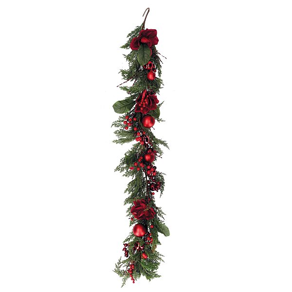 Festone di Cipressino Verde con Sfere, Rose e Bacche Rosse