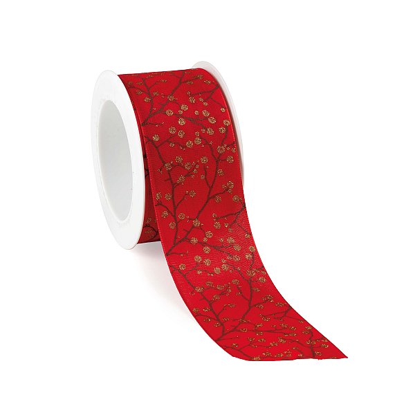 Nastro in Tessuto Rosso con Berries Oro e Glitter