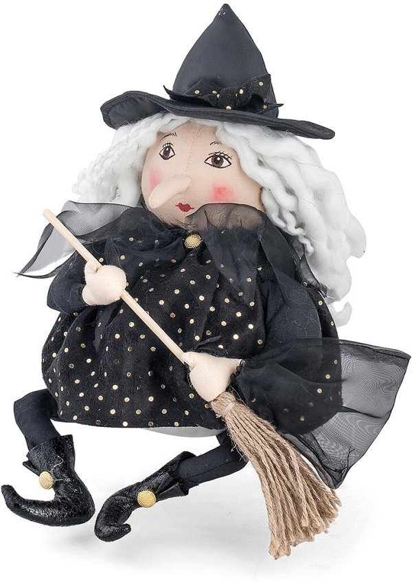 Befana Nera Tonda Seduta con Scopa e Sacchetto in Organza