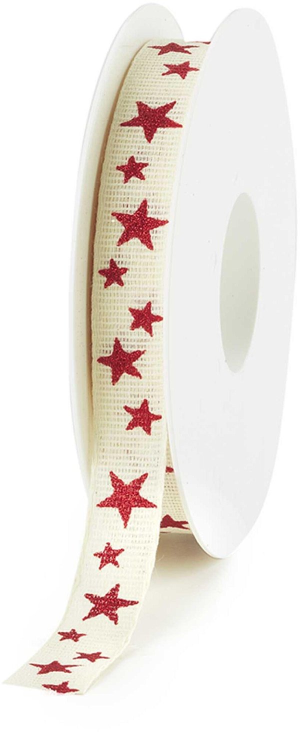 Nastro Tessuto Crema Stelle Rosse con Glitter