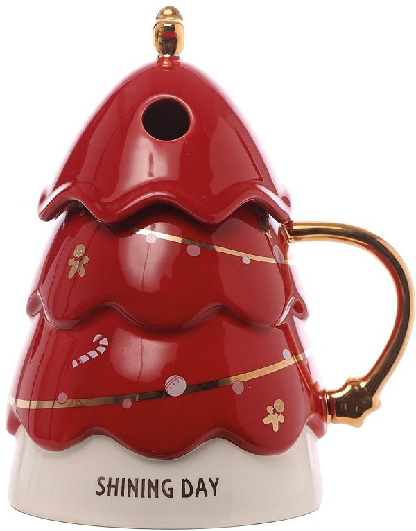 Tazza/Contenitore in Ceramica Alberello Rosso con Manico e Coperchio