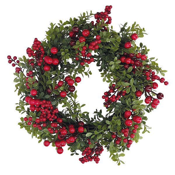 Coroncina Verde con Bacche Rosse e Intreccio Naturale
