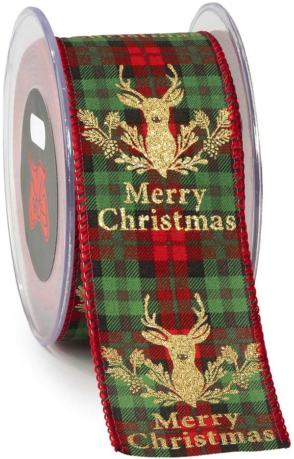 Nastro Tessuto Animato Tartan Alce D'oro "Merry Christmas"