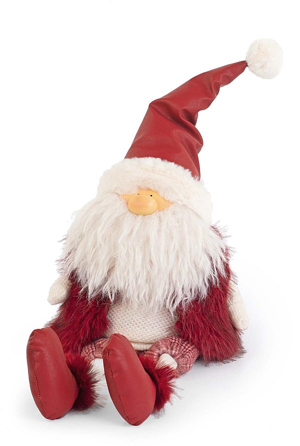 Babbo Natale Seduto in Tessuto Bordeaux con Pelliccia