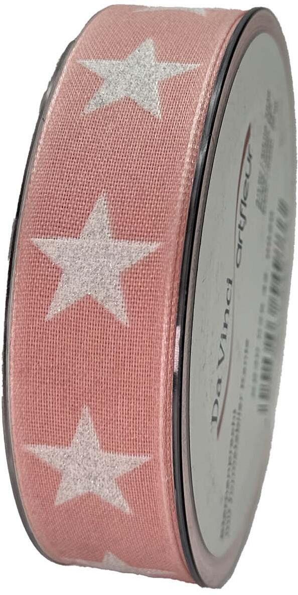 Nastro in Cotone Bordato Rosa Stelle con Glitter