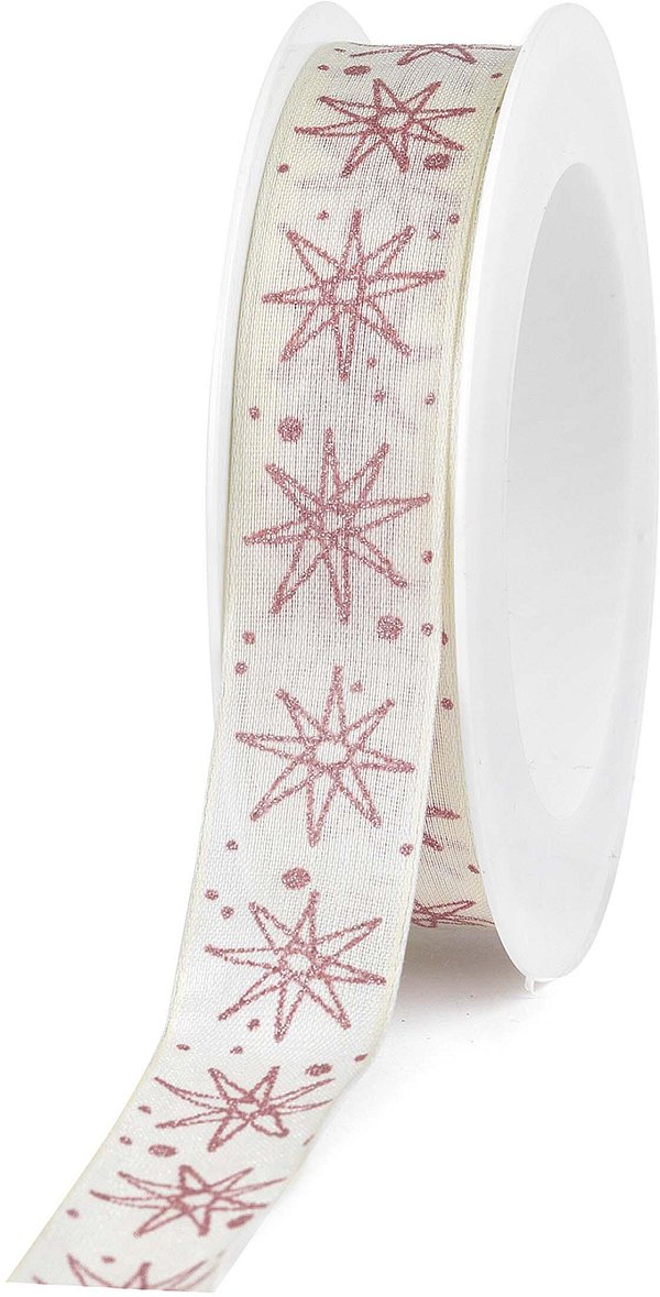Nastro Tessuto Animato Crema Stelle Rosa