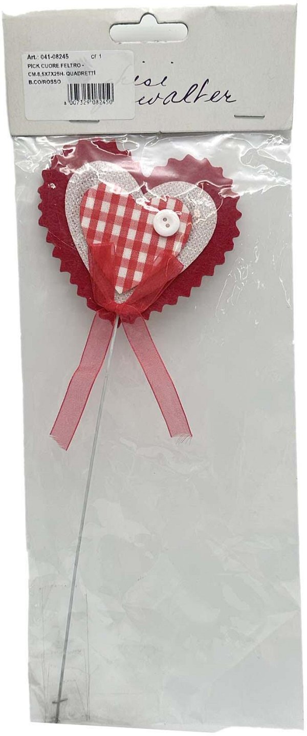 Pick Cuore in Feltro con Quadretti Bianco e Rosso