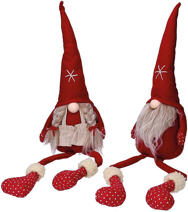 Set Gnomi Seduti in Tessuto Rosso con Cappello