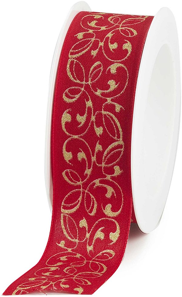 Nastro Tessuto Winter Pattern Rosso con Glitter Oro