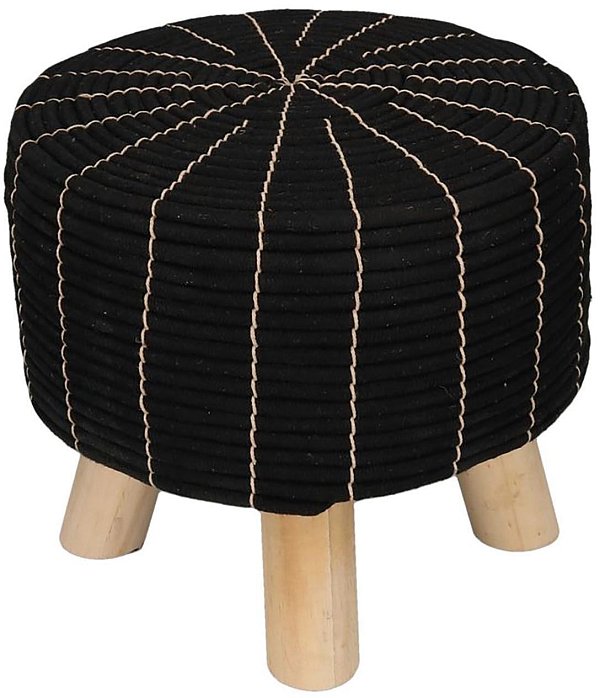 Pouf in Legno Tessuto Nero Filo Bianco