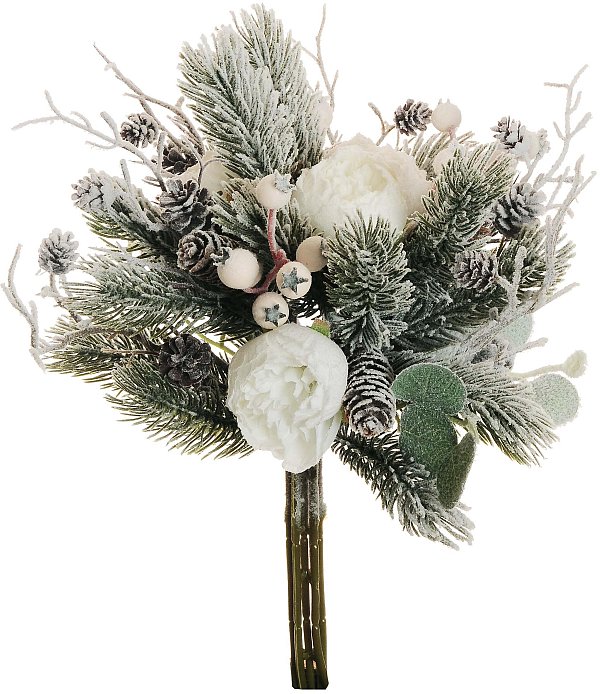 Mazzo Peonie Bianche Innevate con Pino, Pigne e Berries