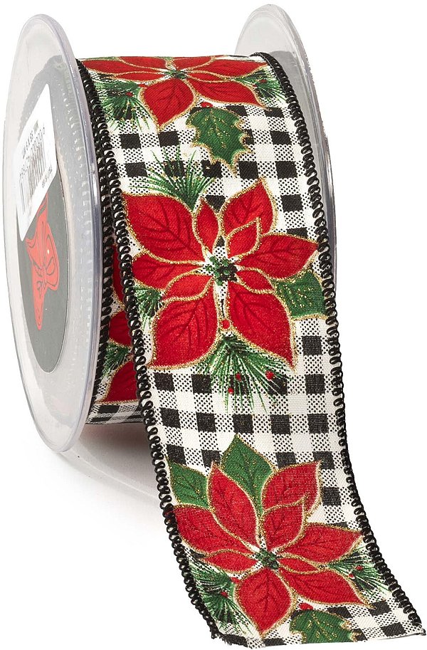 Nastro Tessuto Animato Quadretti Neri e Poinsettia