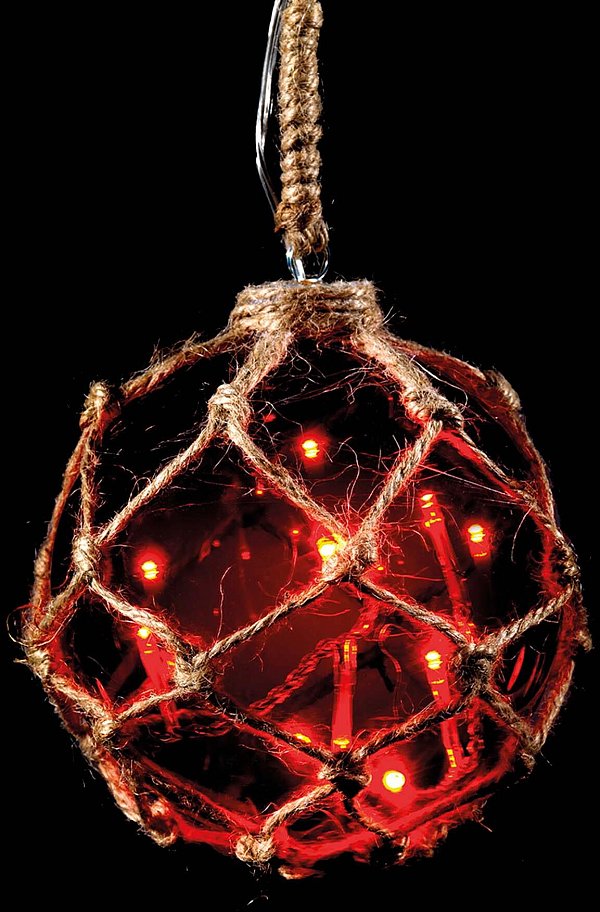 Sfera in Vetro Rossa con Led e Rete di Corda