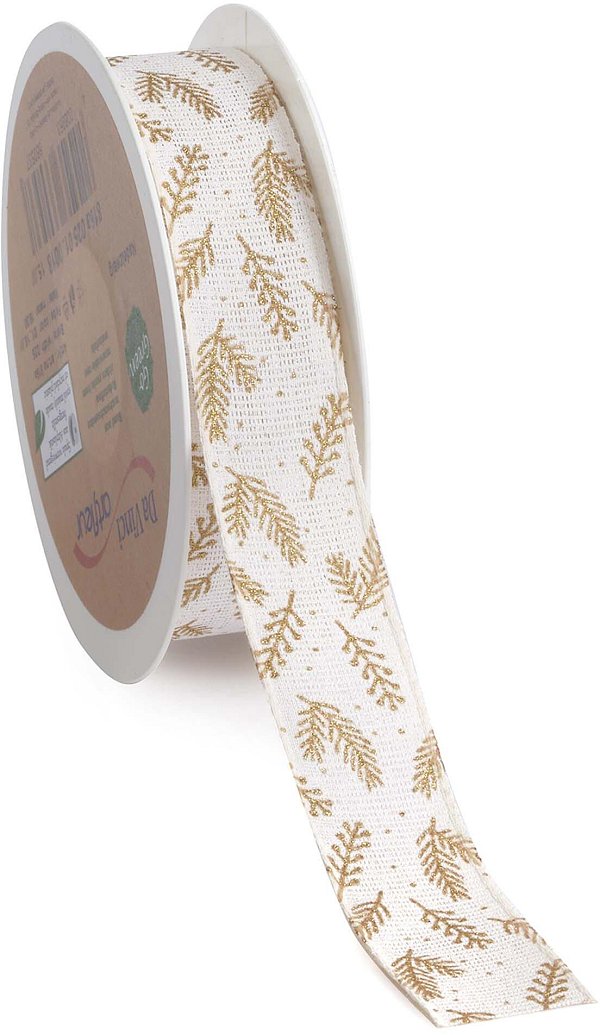 Nastro Tessuto Rustico con Foglie Bianco/Oro