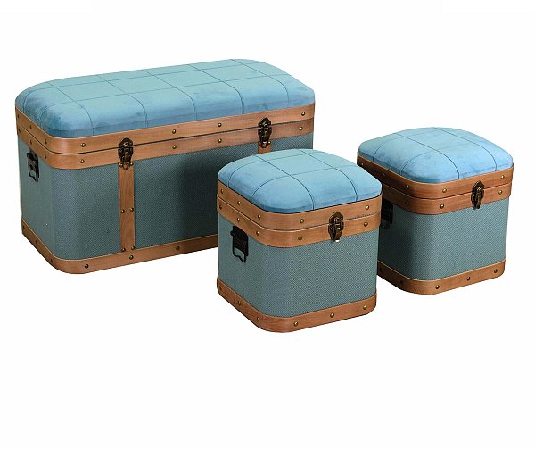 Baule Rettangolare in Legno con 2 Pouf Quadrati Azzurro