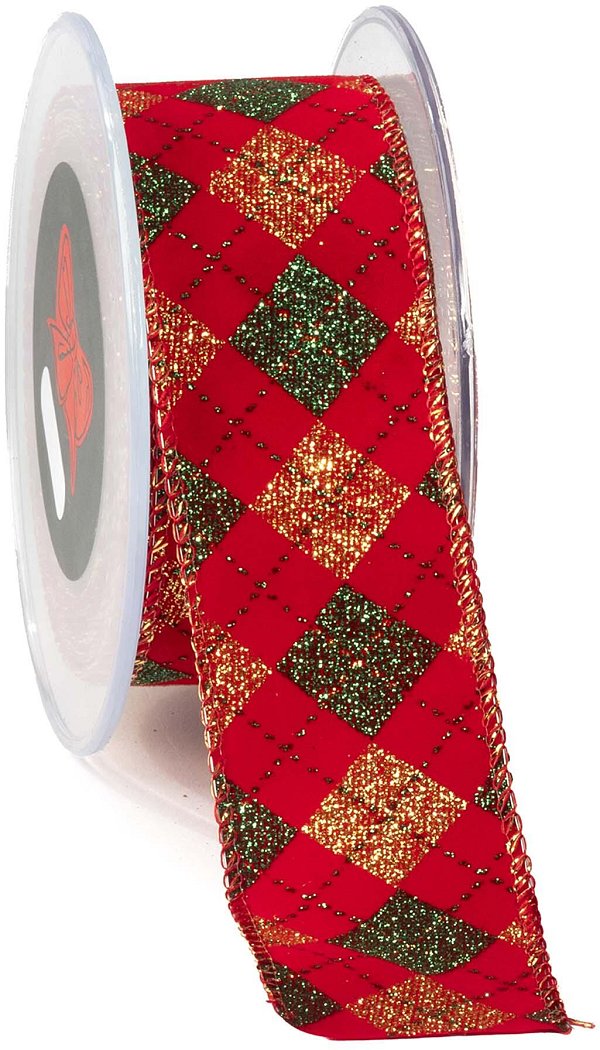 Nastro Tessuto Animato Rosso a Rombi Verde/Oro con Strass