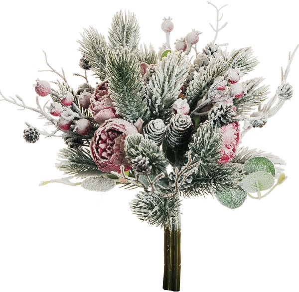 Mazzo Peonie Rosse Innevate con Pino, Pigne e Berries