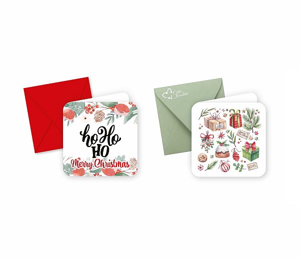 Biglietti e Bustine Rosse/Salvia "Decori Natalizi" Assortiti