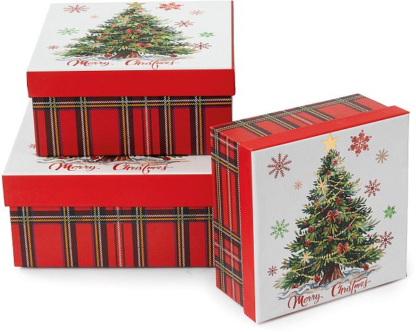 Set Scatole in Cartone Tartan con Albero