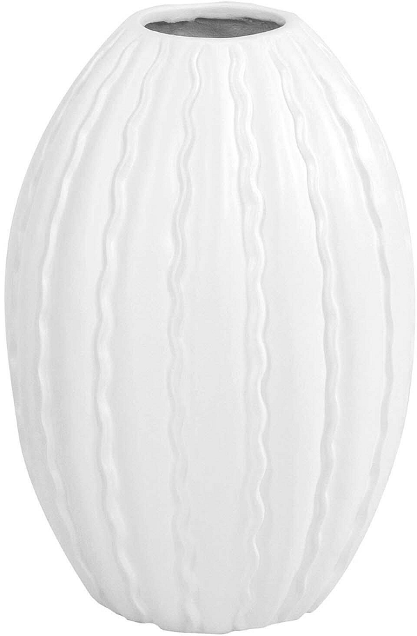 Vaso Bianco Opaco in Resina Ovale con Onde in Rilievo