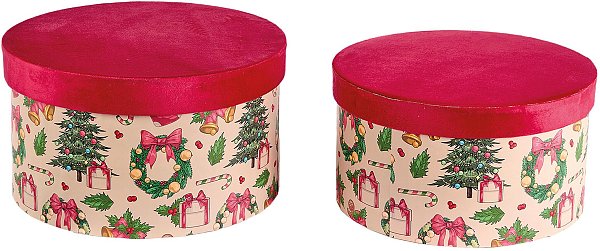 Set Scatole in Cartone Avana cilindro con Coperchio in Velluto Rosso
