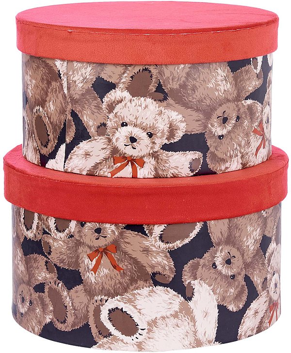 Set Scatole Cilindro Stampa Orsetti con Coperchio in Velluto Rosso