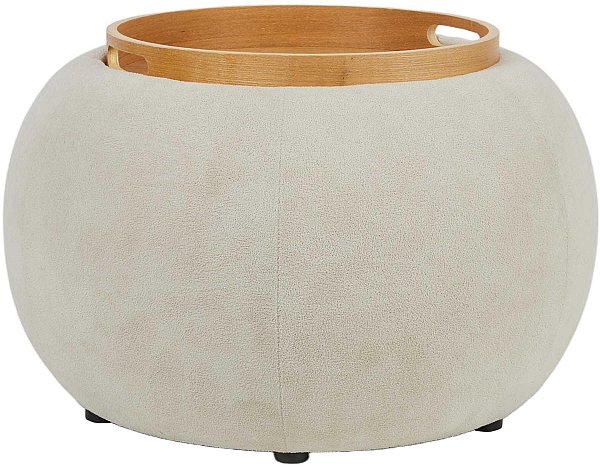 Pouf in Tessuto Bianco con Tavolino in Legno