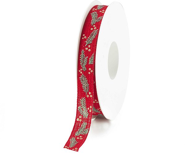 Nastro Tessuto Rosso Foglie Verdi e Bacche Oro con Glitter