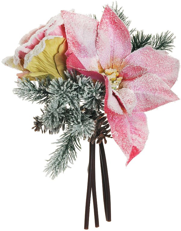 Mazzo innevato Rose e Poinsettia rosa/verde