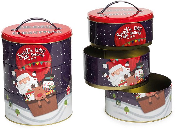 Scatola in Metallo Cilindro Blu/Rosso Santa Claus su Renna
