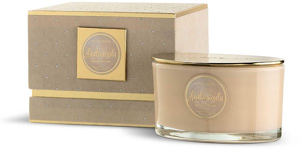 Candela Profumata Andromeda in Vaso di Vetro - Miele e Fava Tonka