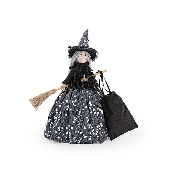 Befana in Piedi in Tessuto Grigio/Nero con Paillettes e Sacco