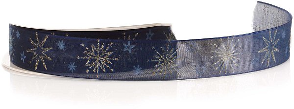 Nastro tessuto bordato blu stelle oro con glitter