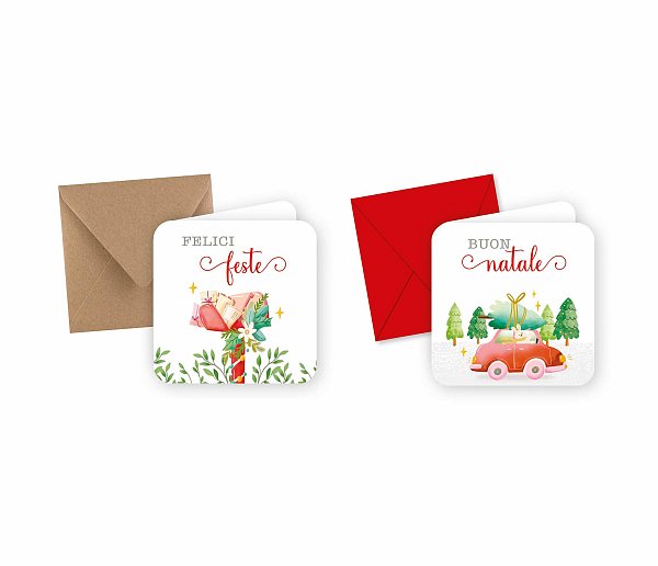 Biglietti e Bustine Rosse/Kraft "Felici Feste" Assortiti